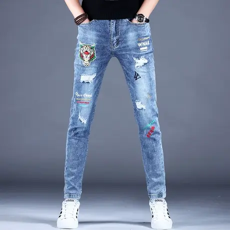 2023年新款男士破洞刺绣花牛仔裤男修身小脚高端潮牌蓝色休闲裤子商品大图