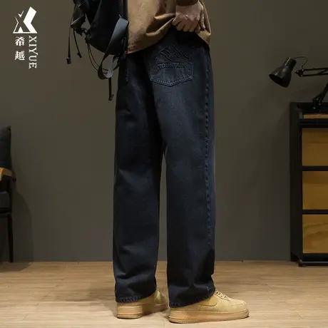 希越高端棉感牛仔裤男秋冬复古黑色直筒长裤宽松大码胖子压花男裤商品大图