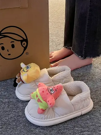 卡通可爱海绵宝宝棉鞋女冬季居家软乎乎舒适平底保暖加绒包跟拖鞋商品大图
