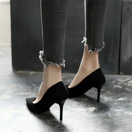 2023春季新款黑色高跟鞋女尖头细跟单鞋浅口工作鞋性感百搭礼仪鞋图片