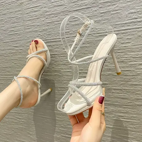 法式仙女风凉鞋女2023年夏季新款细跟配裙子水钻一字带气质高跟鞋图片