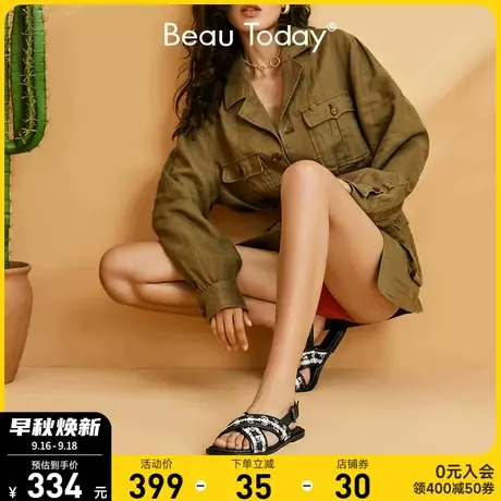BeauToday小众凉鞋女平底新款软底一字带休闲沙滩鞋女罗马鞋复古商品大图