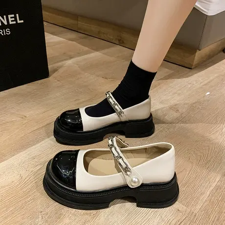 永希白色粗跟厚底小皮鞋女春秋2022新款日系ins潮一字带玛丽珍鞋商品大图