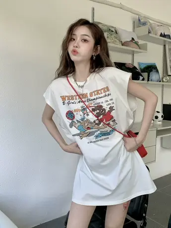 美式复古纯棉吊带运动坎肩背心无袖t恤女夏季外穿宽松篮球服上衣商品大图