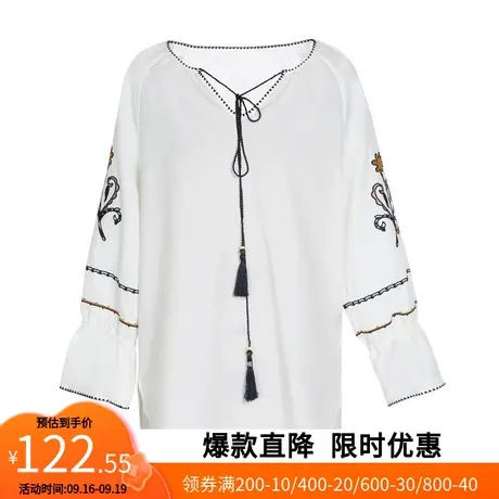 【艾格】2023春季新款T恤女刺绣系带喇叭袖中长款宽松官方旗舰店商品大图