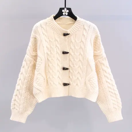 牛角扣麻花毛衣外套女秋冬2023年新款宽松外穿小个子短款针织开衫图片