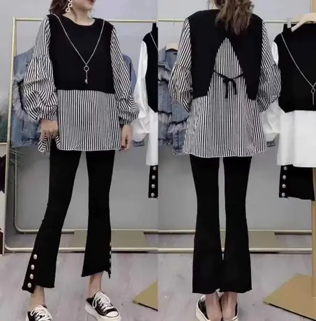 时尚女装2023春季新款项链雪纺衫洋气宽松显瘦遮肉假两件衬衫上衣商品大图