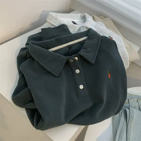 胡萝卜刺绣POLO领门襟长袖卫衣女墨绿色显瘦百搭宽松加厚上衣外套图片