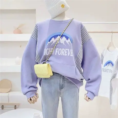 卫衣女春秋薄款2021新款韩国东大门条纹拼接宽松大码套头ins上衣图片