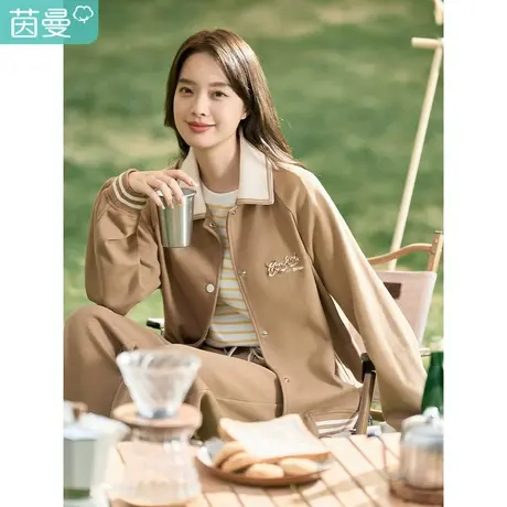 茵曼百搭外套女春装2023新款休闲复古翻领胸前刺绣撞色罗纹宽松图片