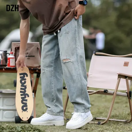 男士浅色破洞牛仔裤男夏天薄款高街裤子休闲百搭男裤破洞裤直筒裤商品大图