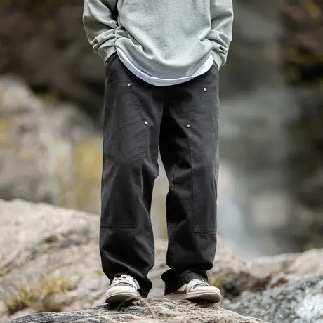 男士黑色户外工装裤男直筒宽松2023新款水洗裤子伐木裤美式休闲裤商品大图