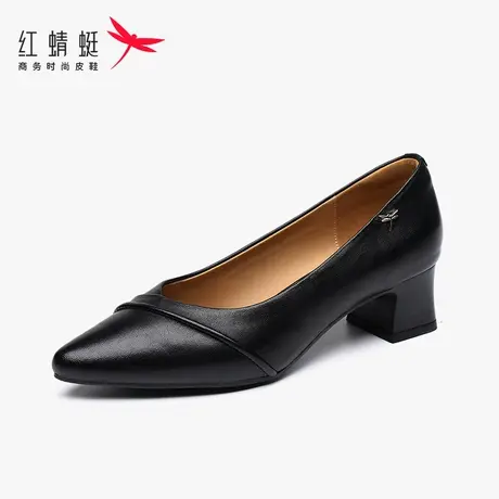 红蜻蜓女鞋新款黑色短跟粗跟尖头女士高跟鞋女春秋真皮妈妈鞋夏季图片