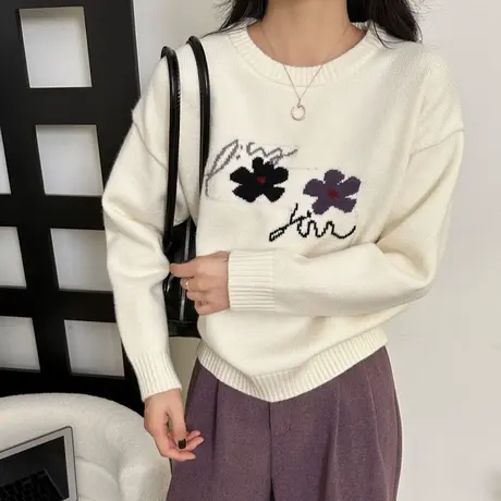 25292新款小花圆领套头针织厚款慵懒风上衣女内搭通勤风百搭商品大图