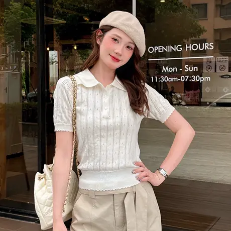 尔给夏季设计感翻领镂空针织衫女气质时尚休闲百搭提花收腰上衣商品大图