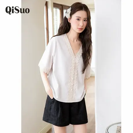 绮娑大码女装上衣2025夏季新款蕾丝拼接高级感显瘦胖妹妹宽松小衫商品大图