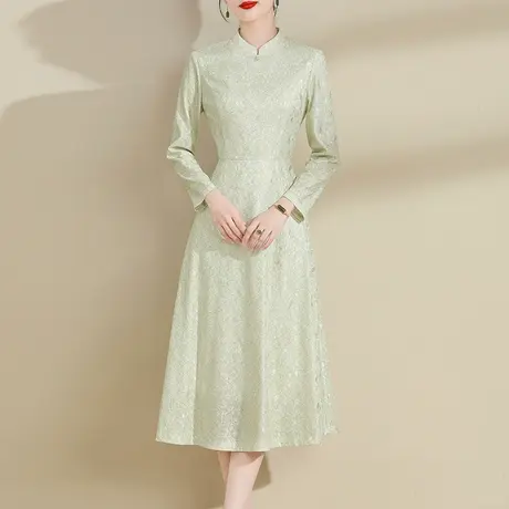 水墨青华2023冬季新款立领优雅改良中国风旗袍百搭素雅蕾丝连衣裙商品大图