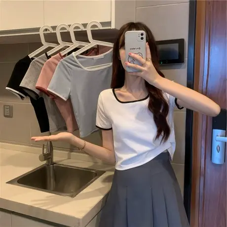 2023年早春夏季新款甜辣风别致上衣服设计感小众短款短袖t恤女装图片