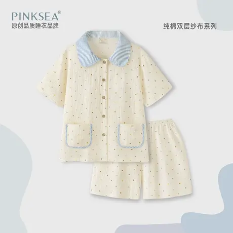 Pinksea纯棉纱布睡衣女款2025新款夏短袖波点可爱夏季家居服套装商品大图