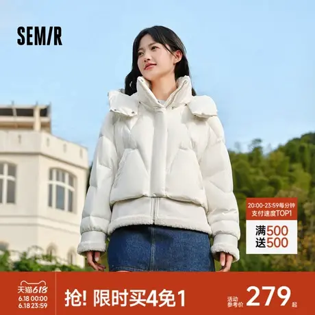 森马羽绒服女2024冬季新款拼接假两件设计感面包服宽松连帽外套女商品大图
