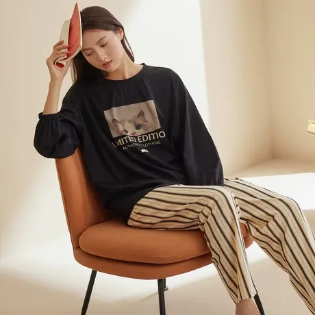 秋鹿针织棉睡衣女款春秋季圆领可爱印花长袖长裤可外穿家居服套装商品大图