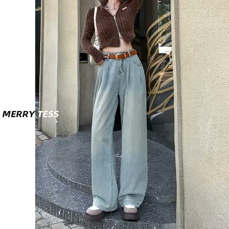 怀旧蓝色阔腿牛仔裤女2023年秋季新款设计感褶皱宽松百搭直筒裤子图片