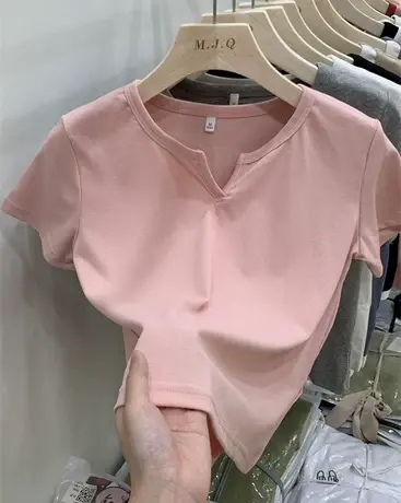 复古美式灰色t恤女正肩短袖2023夏季新款ins潮牌修身显瘦V领上衣商品大图