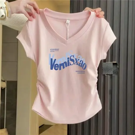 修身显瘦短袖t恤女款2025夏季新款超火v领重磅百搭正肩短款小上衣商品大图