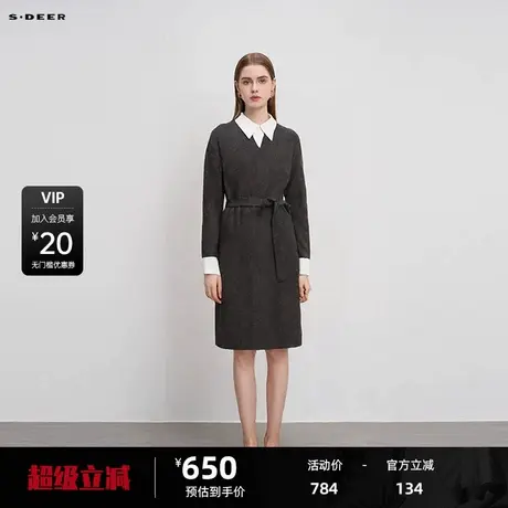 sdeer圣迪奥女装翻领收腰撞色假两件长款针织衫S24383504图片