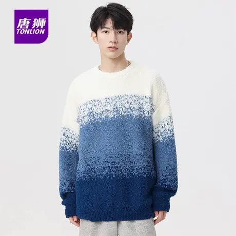 唐狮渐变色雪花纹针织衫秋季薄款男士日系宽松圆领套头毛线上衣AP商品大图