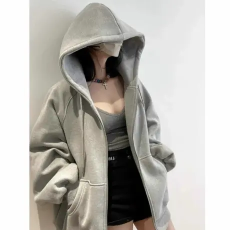 灰色连帽卫衣外套女款早秋季新款美式慵懒加绒拉链开衫秋冬季上衣商品大图