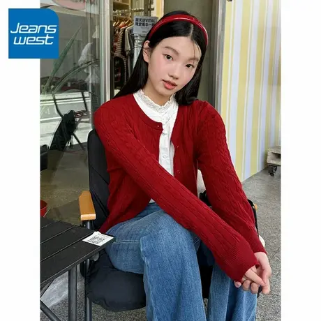 KV真维斯红色绞花开衫女2025新款春秋款休闲简约通勤风外套上衣服图片
