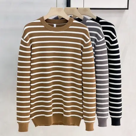 肌理厚款秋季新款条纹针织圆领毛衣男宽松休闲长袖T恤打底图片