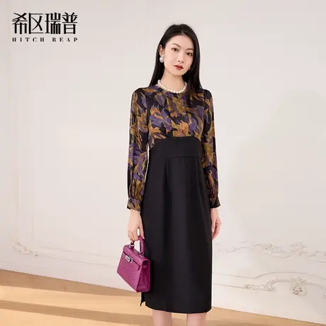 希区瑞普2025春季新款韩版立体肩型时尚印花拼接修身老钱风连衣裙图片