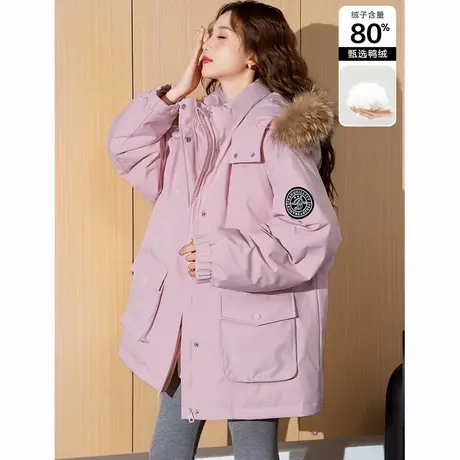 【防水】唐狮羽绒服女真毛领2024冬季新款工装户外连帽羽绒外套商品大图