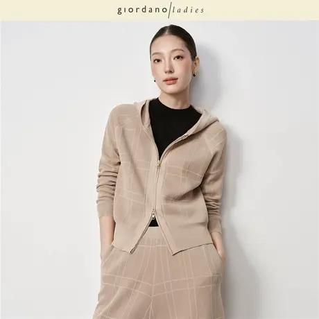 GL2025秋冬新款针织衫女装复古格纹插肩宽松连帽针织开衫02355528商品大图