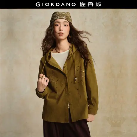 设计师款佐丹奴连帽夹克女秋冬新款亮片绣花宽松衬衫外套18345224商品大图