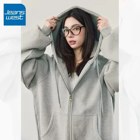 KV真维斯麻灰色连帽开衫卫衣女2025新款春秋爆款通勤风时尚上衣服商品大图