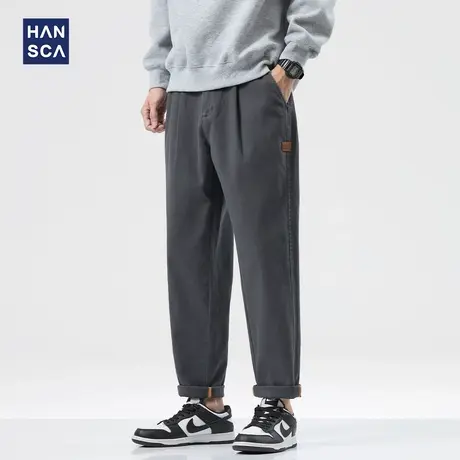 hansca 微弹棉混纺 秋季直筒休闲裤男2024新款宽松压褶锥形长裤子商品大图