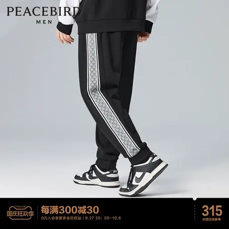 太平鸟男装老花织带拼接卫裤冬季时尚休闲男士宽松休闲长裤商品大图