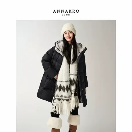 玖姿安娜蔻休闲撞色设计中长款15D防水鹅绒羽绒女2025冬季新款图片