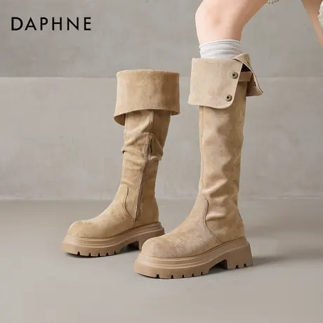 达芙妮厚底高筒长靴2026超好看靴子增高工装两穿过膝卡其色堆堆靴图片