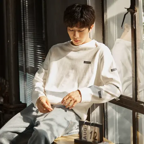 唐狮春秋男士长袖t恤纯棉休闲风上衣侧面衣袖小英文印花宽松TD商品大图