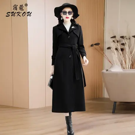 黑色英伦风气质时尚2023年冬装毛呢外套工装气质修身加厚呢子大衣商品大图