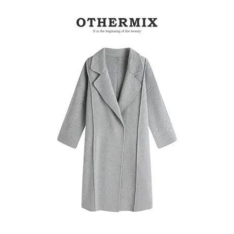 othermix西装领双面毛呢外套女2023冬季新款高端长款羊毛大衣外套图片