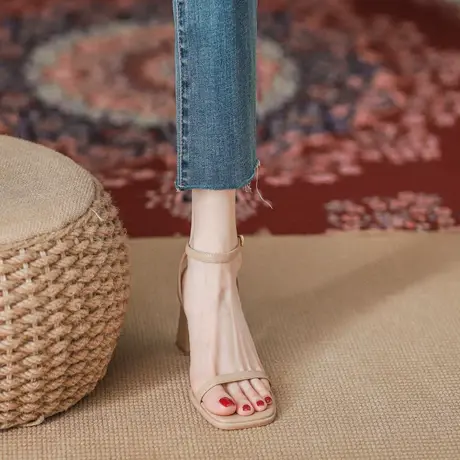 真皮软底凉鞋女2023夏季新款法式高级感仙女一字带粗跟裸色高跟鞋商品大图