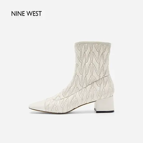 Nine West/玖熙弹力压纹NW瘦瘦靴女2023冬新款方头粗跟羊皮时装靴商品大图