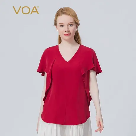 VOA真丝30姆米重磅红色V领荷叶边短袖做旧工艺立体装饰桑蚕丝T恤商品大图