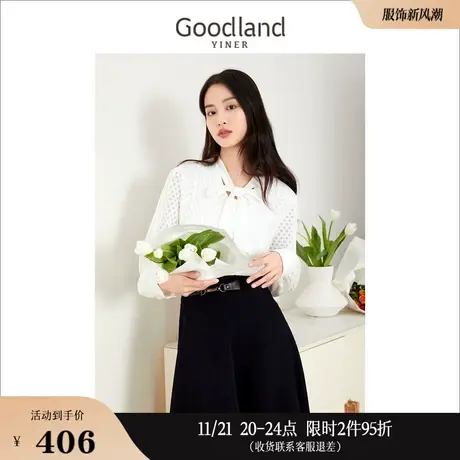 Goodland美地女装秋季时尚镂空拼接蝴蝶结领衬衫设计感上衣商品大图