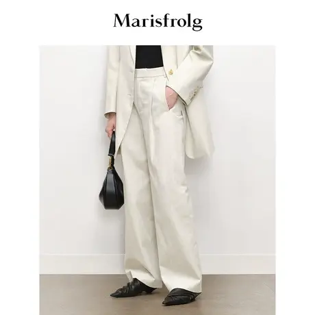 【无压力职场】玛丝菲尔秋季米白色棉麻混纺阔腿西装裤图片